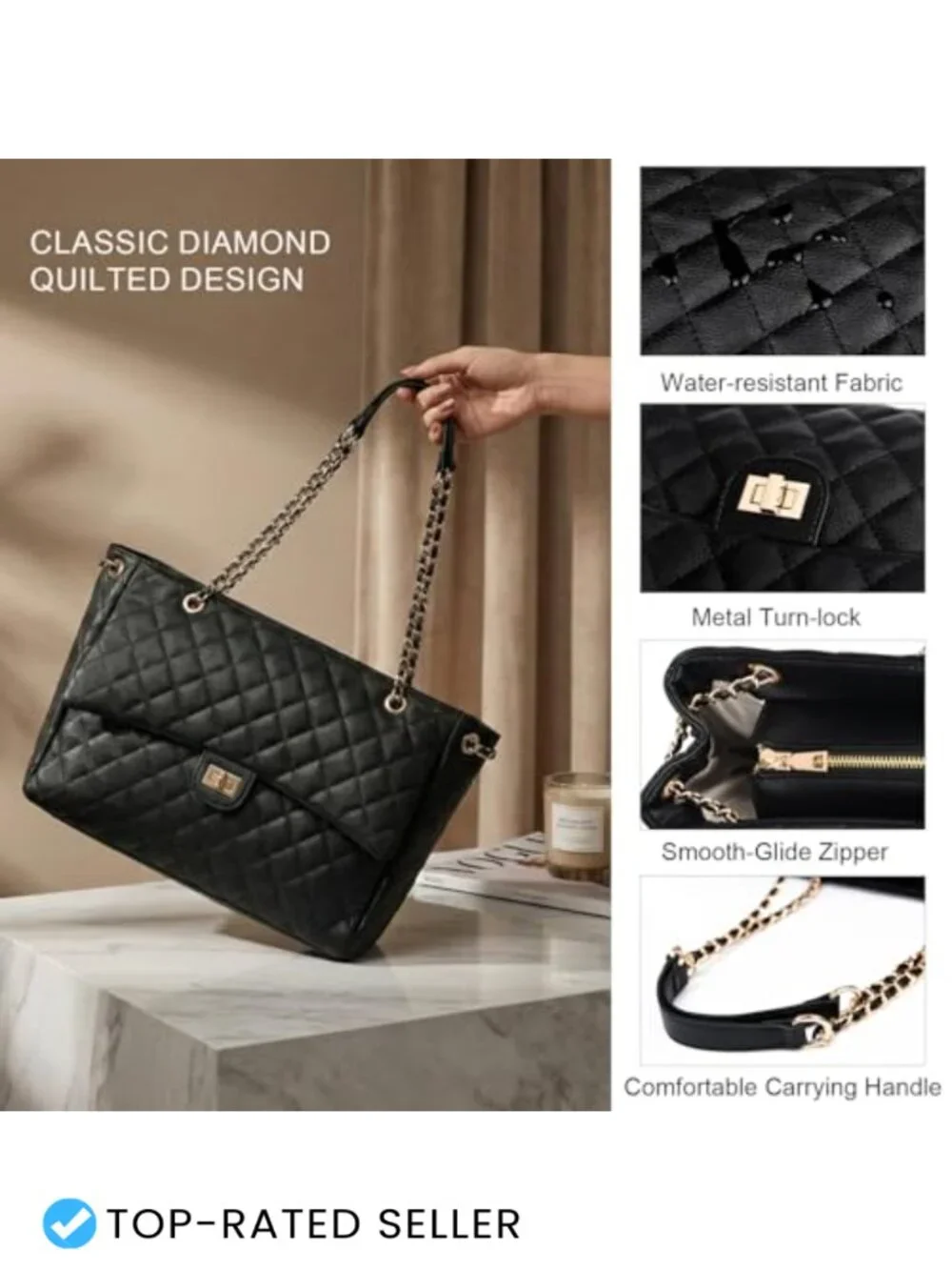 Quilted Satchel Tote Bag with Leather Crossbody Strap for Women Work Travel